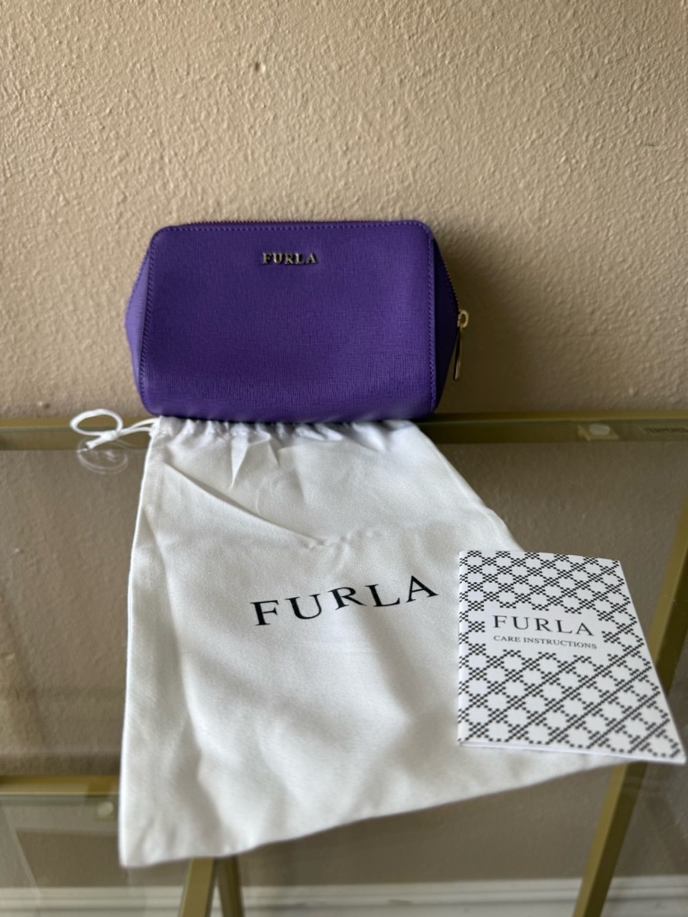Furla Vibrant Purple Leather Cosmetic Pouch New with Tags and Dustbag